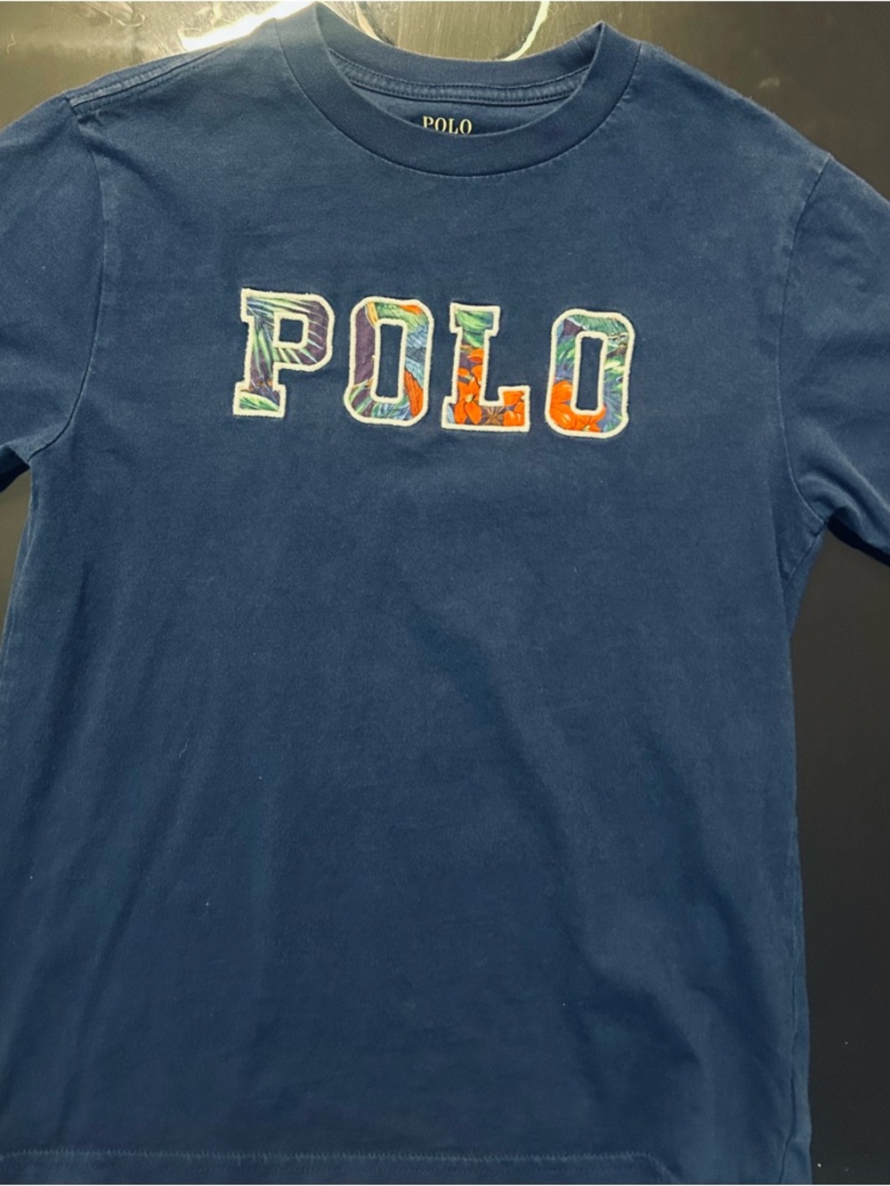 Polo by Ralph Lauren Navy Tee with Multicolor Patterned POLO Letters
